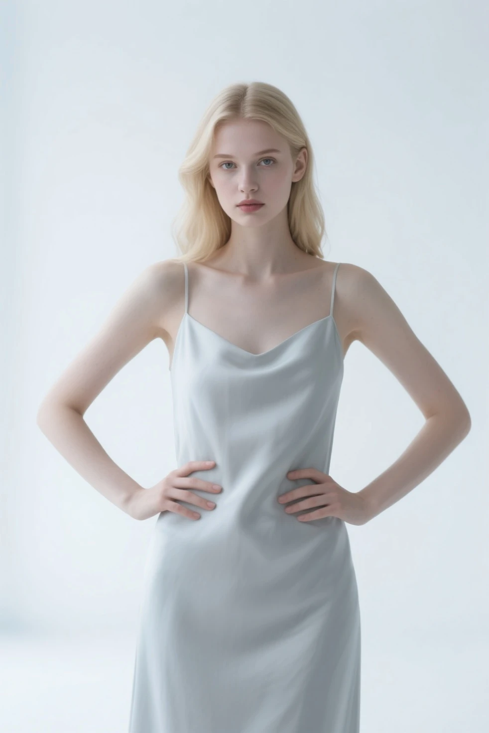 Silver-haired woman in a dress, 1 Female, alone, Sundress, photoRealistic, realism, Realistic, human