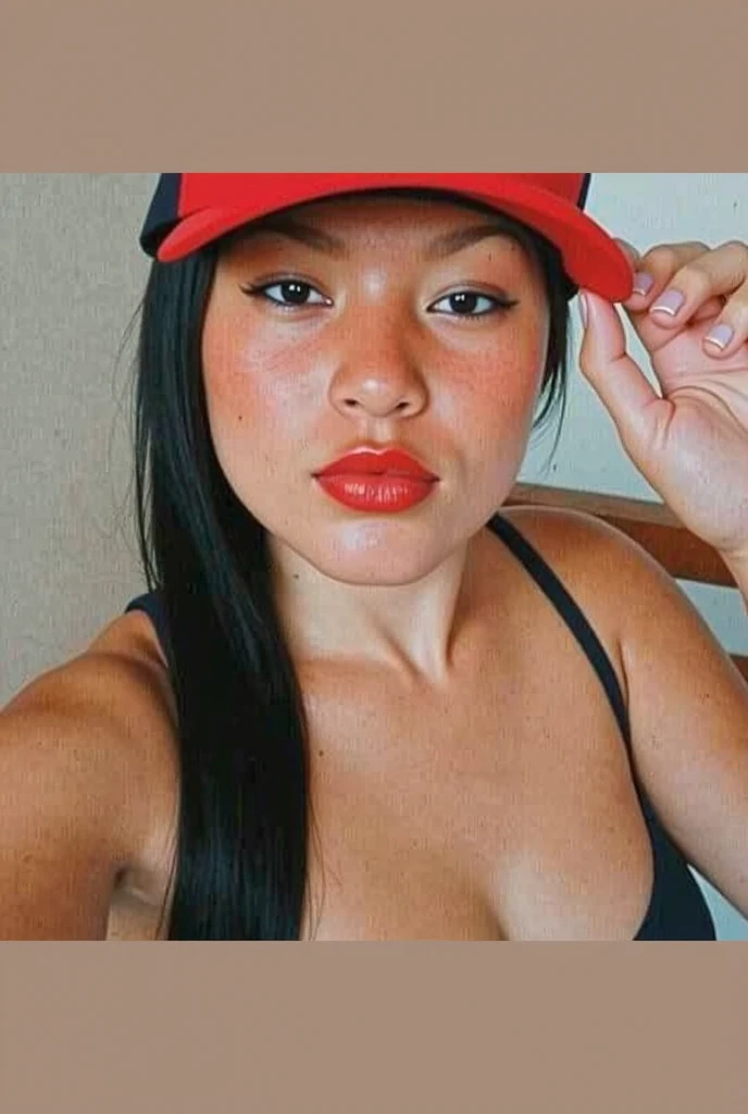 a close up of a hyper realistic woman with silky black anime hair, in a bikini and a hat, nicki minaj curvy, silky anime hair, anime straight hair, black straight hair, hyper realistic straight black hair, nicki minaj, selfie shot straight on angle, 2 , she is facing the camera, gorgeous woman, gorgeous lady, instagram selfie, 2 3 years oldld woman from cuba, cardi b, selfie, her cleavage exposed