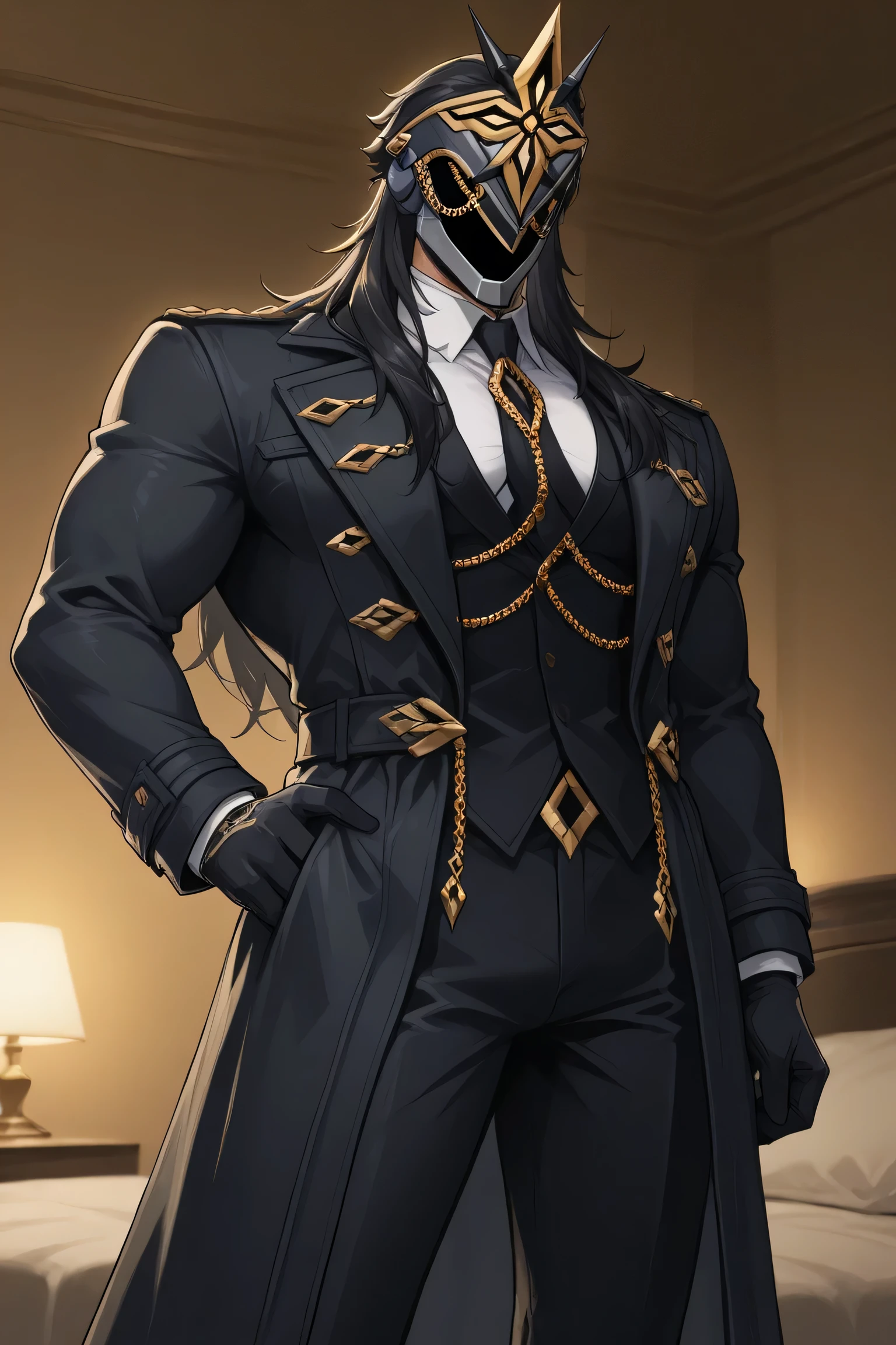 score_9, score_7_up, source _ Anime Ilcapitano , a boy, Alone, male approach, BLACK HAIR, Long hair, Mascara, Faceless, Masked man ,
Hotel room interior , Party atmosphere ,interior lighting,
white t-shirt with long sleeve buttons, black tie,black coat, Skin-tight fit ,muscles clearly outlined across the shirt, Strong pectorals and arms,dark black pants, Gala style , Gala attire, confident and dominant posture, standing position,
stunning build , Powerful masculine aura ,Alone alone,