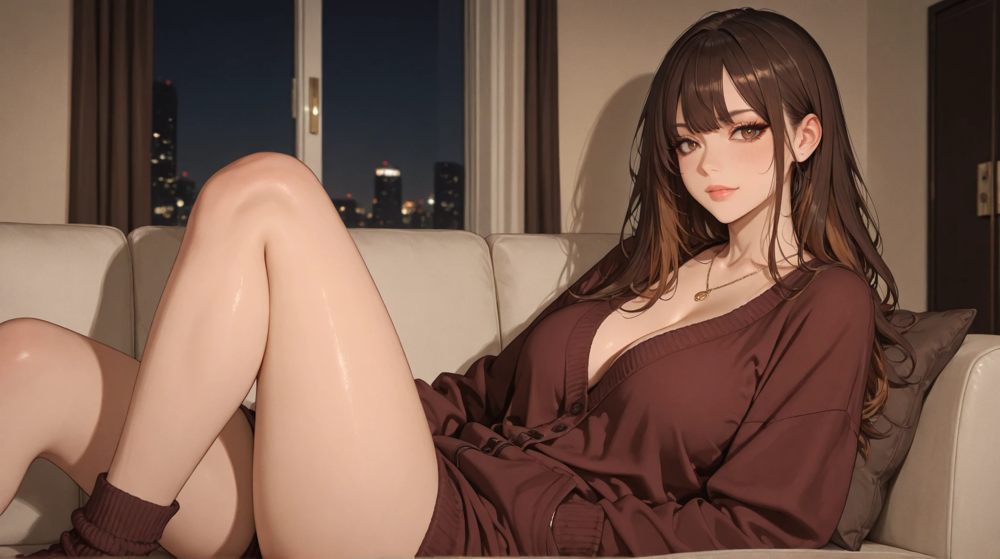a woman with brown hair and a very hot body is naked with a bathrobe on her back in the living room sitting in an armchair next to a fire 