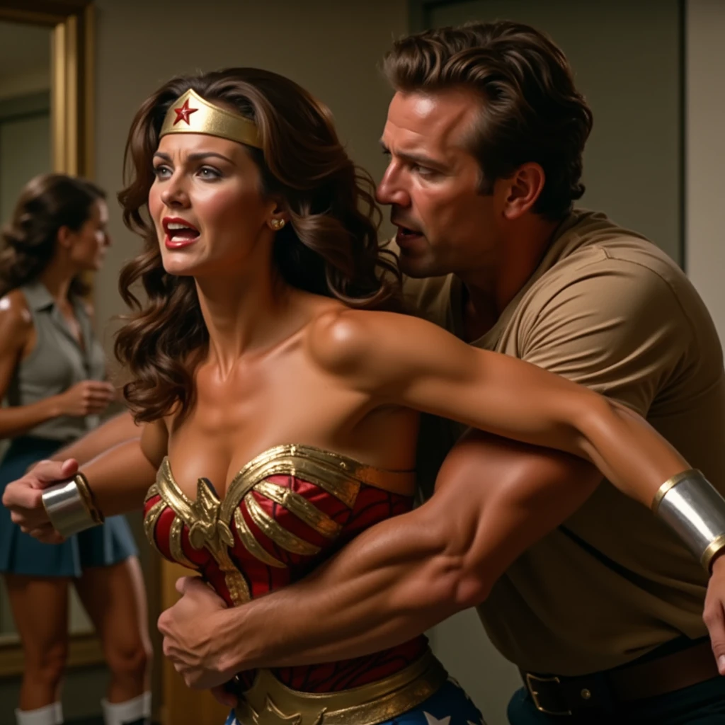 Wonder Woman looks straight at an old man, The old man touches her breasts and her vagina of Wonder Woman