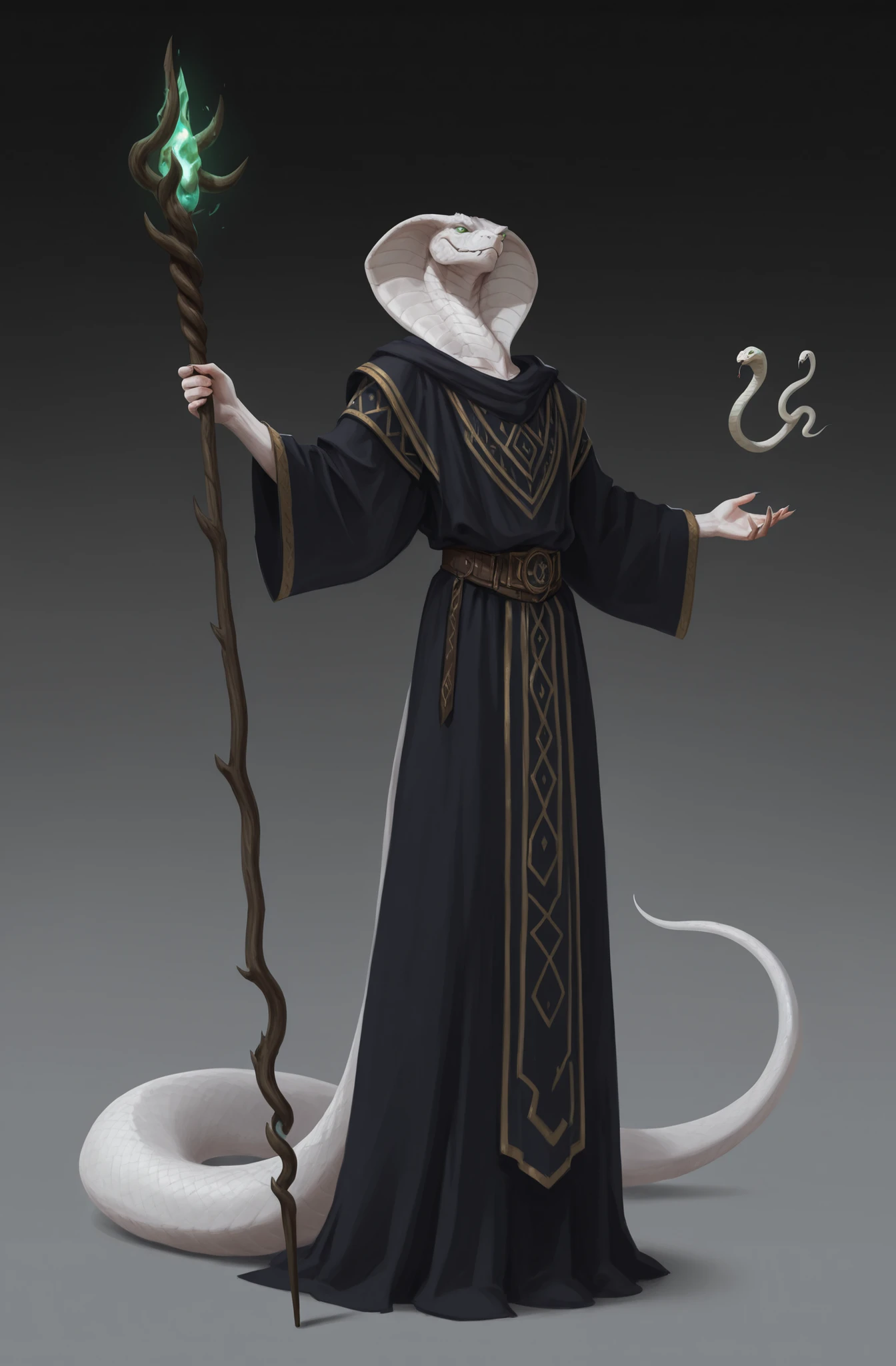 male, Necromancer-IL-V1.0, Naga, Naga_tail, white scales, holding one iron staff ,snake , robe