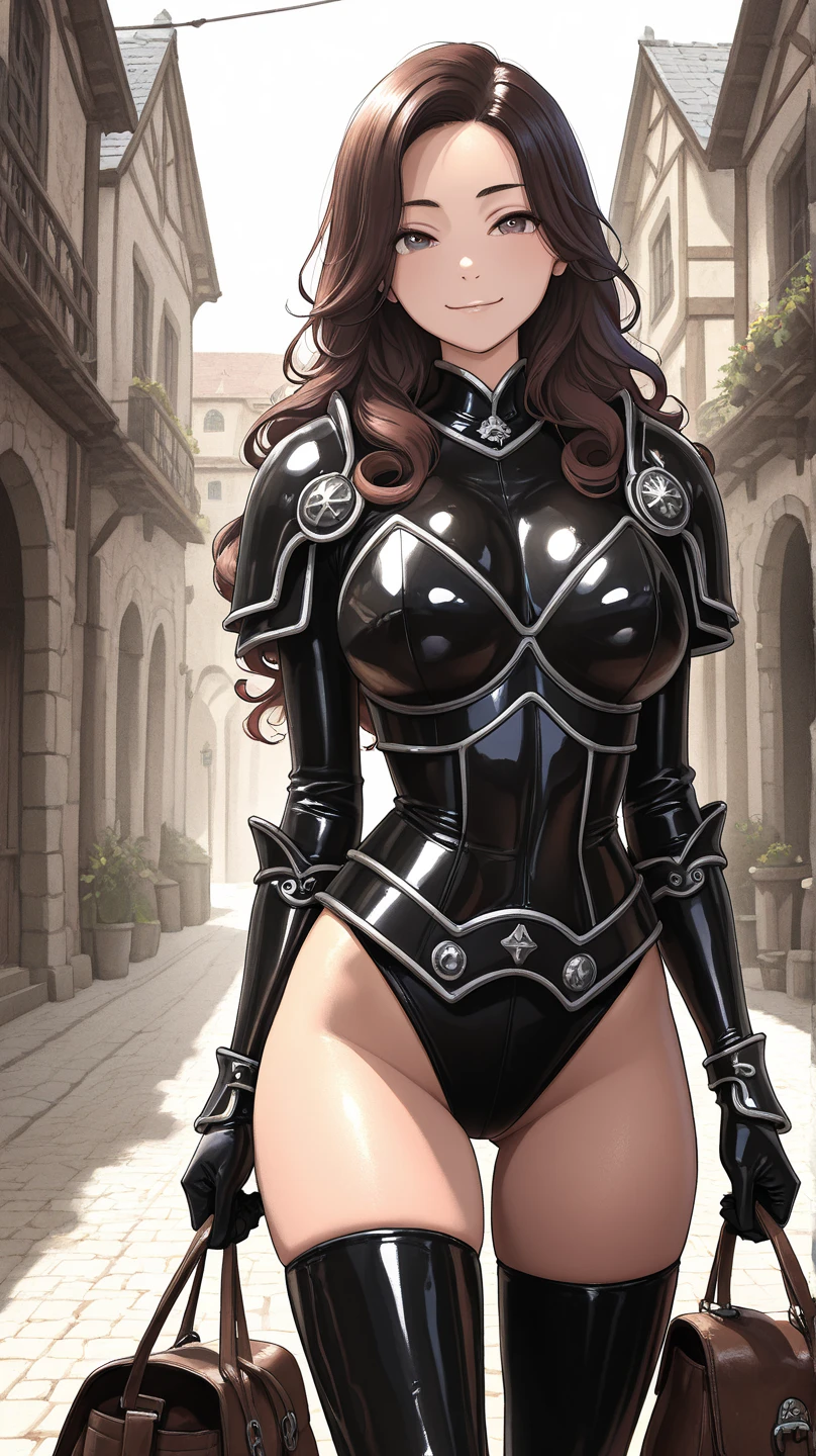 (masterpiece, top quality, best quality, official art, beautiful and aesthetic:1.2), (1girl:1.3), sexy, pornstar face, dark brown hair in a tight bun, extremely detailed, portrait, looking at viewer, solo, (full body:0.6), gray background, close up, charlatan, mysterious, standing in a garden, crest, pauldrons, greaves, bracers, gloves, metal, leather, bracers, armor, gauntlets, boots, buckles, straps, (big breasts), slim waist, long legs, minimal background, dark mysterious lighting, shadows, magical atmosphere, dutch angle, impractical armor, nearly naked, (NSFW:1)