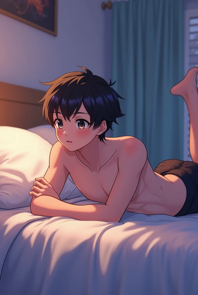 A shirtless little boy lies on the bed,nakeness,Cover yourself only with a blanket