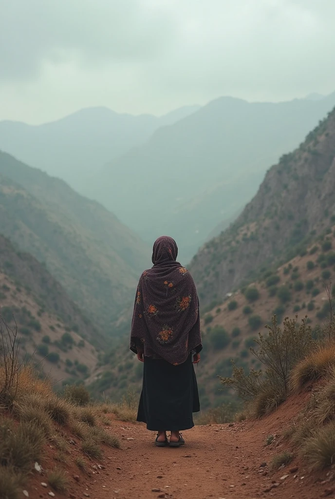 Generate a picture of a 1 girl wearing black pashtoon traditional suit and standing at a road between mountains