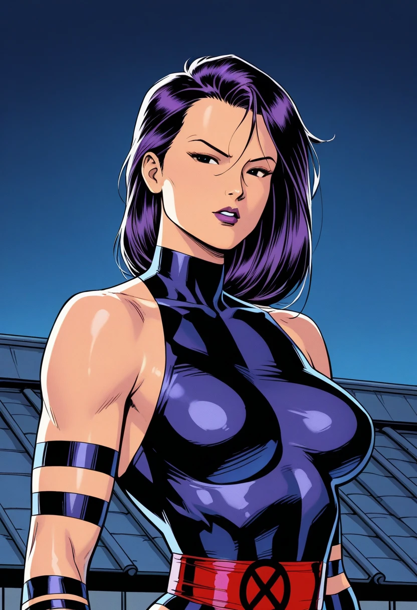 aeon flux, black hair, blue eyes, half body, interior, futuristic city, <lora:Aeon_Flux_Style-09:.65>