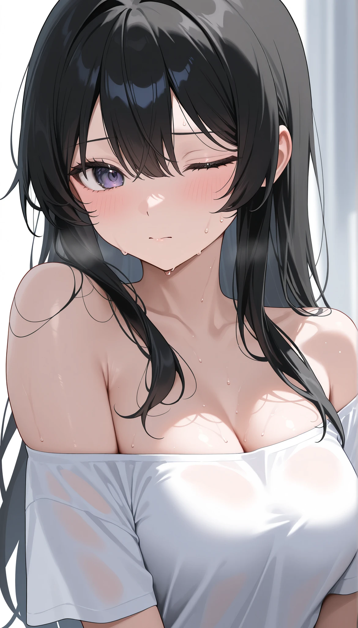 Cute, mature women,Nude,realistic skin, beautiful face,saggy breast, nipple out,muted colours,pale white skin,black hair, long hair, (hair over one eye:1.4), Messy hair,hair ween eyes ,sleepy eyes,pubic hair pussy,dense pubic hair, blush-on, glossy lips