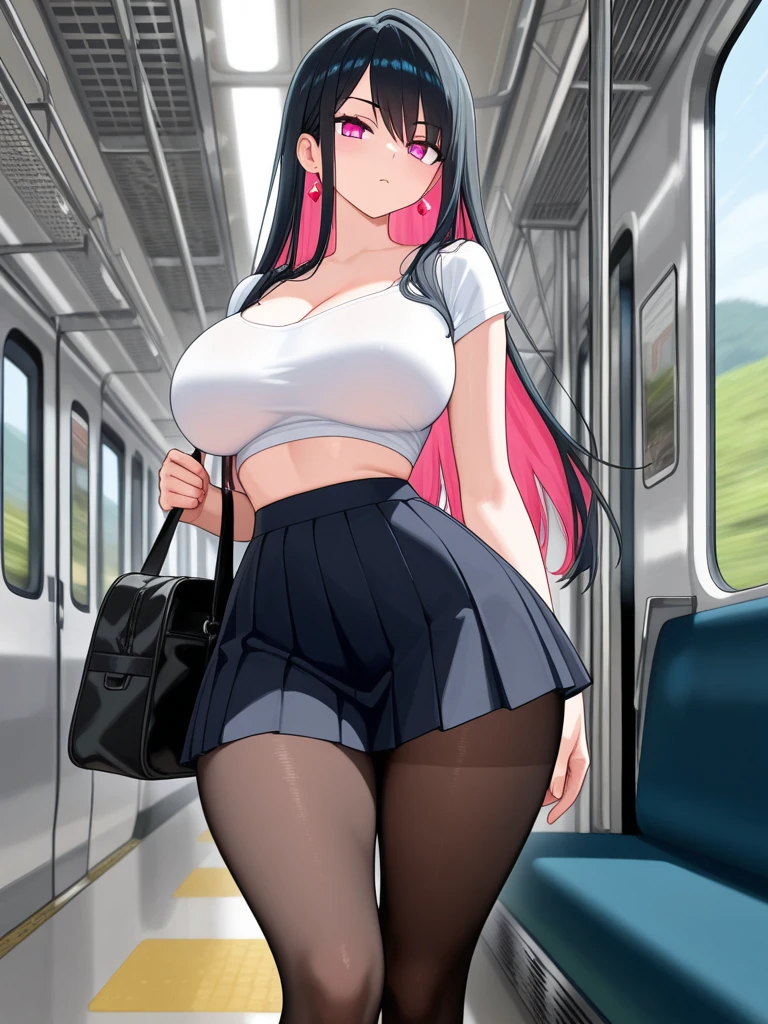 masterpiece, best quality, very aesthetic, absurdres, 1girl, mature_lady, masterpiece, best quality, very aesthetic, absurdres, 1girl, standing, full body, thighhighs,one thighhigh is white, another thighhigh is black, white stocking, black stocking white_sweater, virgin-killing_sweater,,izumi_sagiri, eromanga_sensei, blue_eyes, grey_hair, white_hair, pink_hair_bow, long_hair, low-tied_long_hair,,in subway,floating_clothes