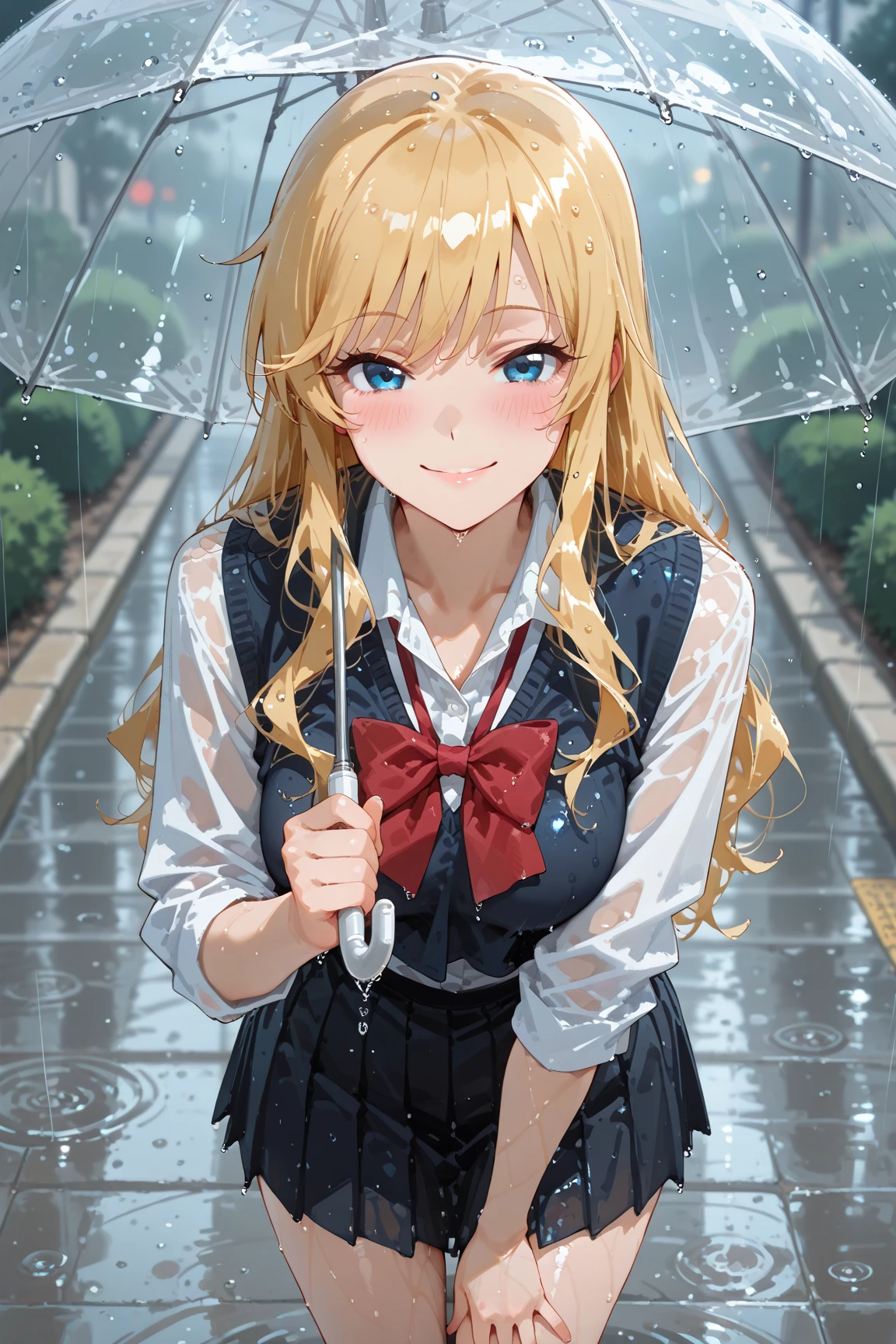 Masterpiece, Top quality, (1 beautiful girl), junior high school student, Blonde, Braided hair, Medium Hair, wet Hair, blunt bangs, standard weight, blouse, Short Sleeves, pleated skirt, (wet clothes):1.2, pink bra, laugh with an open mouth, closed eyes, (running), rainy, beautiful scene of alley, water drops, cowboy shot, back shot