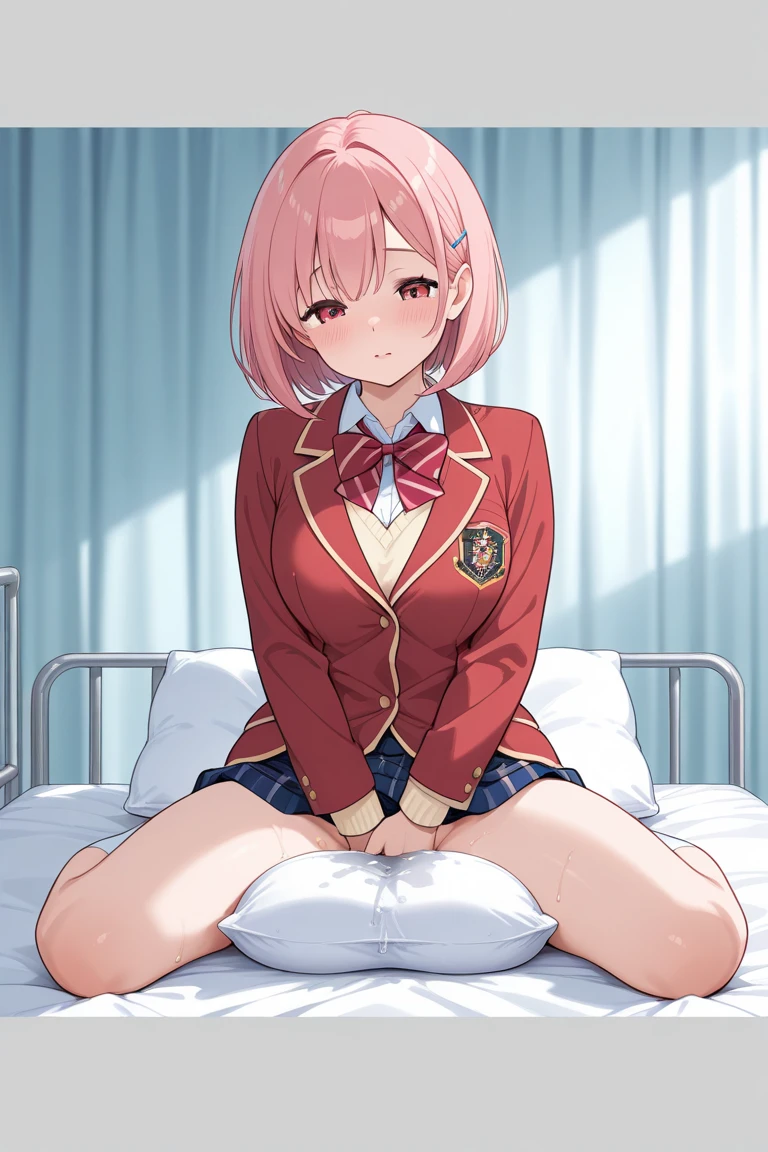 girl,(light red straight short hair),(crisp hairstyle:1.4),((BREAK)),(White and red lady-style long-sleeved school uniform:1.3),(striped pleated skirt:1.2),((BREAK)),(( spilling out of the shirt:1.3)),((Peace sign with both hands above the head:1.25)),((BREAK)),((vaginal.4)),((N:1.3)),((Climax、Cramp:1.3n ahe face with an open mouth:1.25)),(( overflowing from the vagina:1.3)),((Lie fac on bed)),((pleasure:1.4)),((raising both legs high:1.2)),((Joint part fully visible)),((Flat girl in bed:1.3)),((Ejaculating、Pour it all over