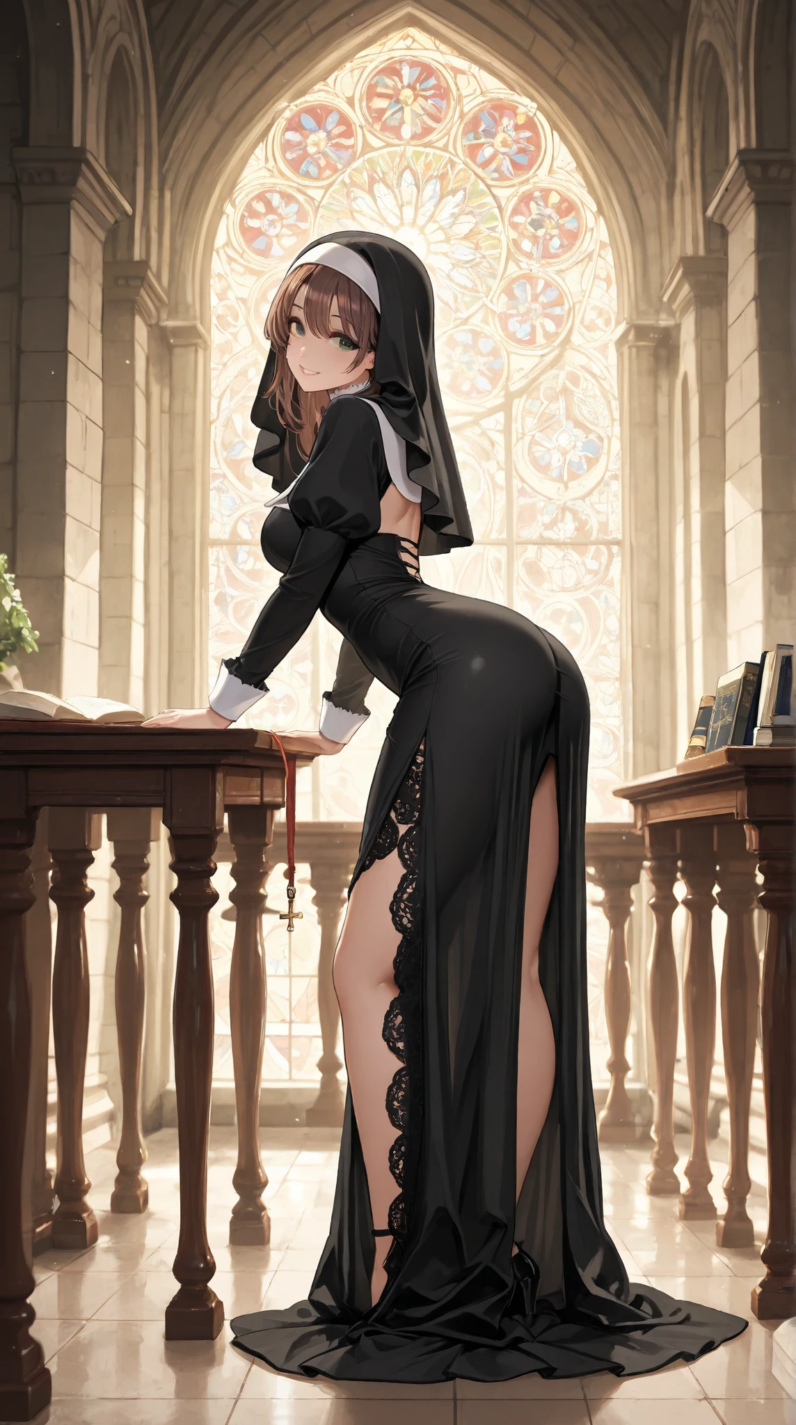 BREAK looking at viewer, BREAK (masterpiece:1.2), best quality, high resolution, unity 8k wallpaper, (illustration:0.8), (beautiful detailed eyes:1.6), extremely detailed face, perfect lighting, extremely detailed CG, (perfect hands, perfect anatomy),church,benches,icons,candles,crosses,night,dark atmosphere,low light,albedo, ahoge, black hair, horns, long hair, (yellow eyes:1.5),skinny fit,
bare shoulders, belt, black wings, collarbone, dress, feathered wings, frills, long sleeves,necklace, off shoulder, off-shoulder sweater, sweater, sweater dress, thigh strap, white sweater, wings, wrist ribbon, thighs,maniac smile,stockings,medium breast,full body,high heels,standing in middle of church,from below,long legs,fishnet,fishnet stockings,from below,from behind,showing ass,upskirt,panties,lace panties.