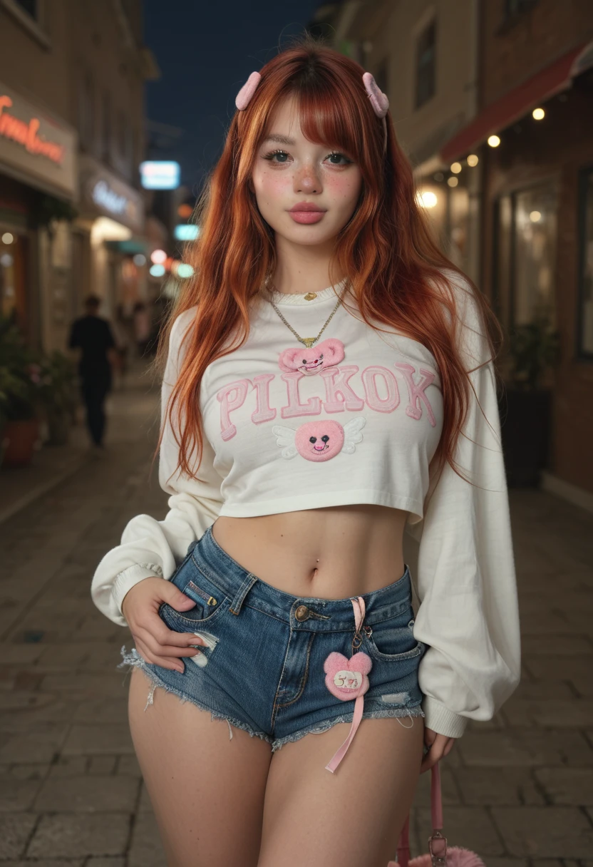 tiny ULTRA REALISTIC, cute girl, cute face, big green eyes, full lips, long orange red hair pink lock, skinny, huge breast, Extra huge ASS, thick thighs, pale skin, a lot of freckles, TINNY WAIST. Close-up face adorable Tokyo fashion outfit in a city full of lights