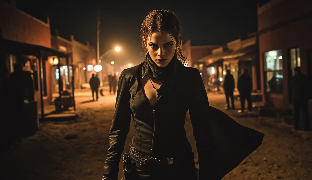 (Kate Beckinsale:1.2), SelenE from the Underworld, Are standing、Half Body Shot, Long black leather coat, holding silver pistols in both hands, Night cityscape, Fluorescent blue light, moon,