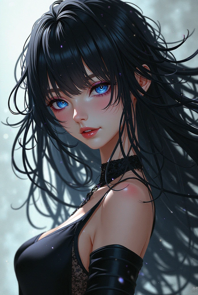 illustration, cinematic light, highres, highest quallity, ultra detailed, detailed face, (detailed eyes), best quality, hyper detailed, masterpiece, (detailed face), clean face, sexy mature woman wears transparent (torn) cloths, floating cloth, see through, choker, open cloths, nsfw, high heels, blue eyes, neon tiny glowing hair ends, dark fantasy forest, glowing plants with neon details, dark magic, (portal:1.15) to the underworld in the background, light reflection, heart shaped iris, playful eyes, open shoulder, rain, (wet body), tiny glowing butterfly, hair jewery