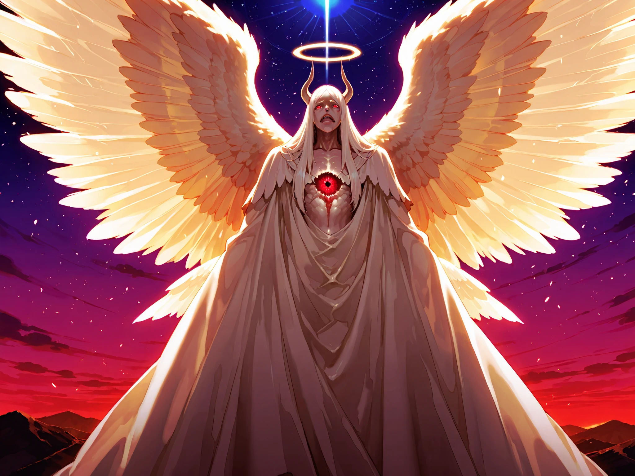 (Wings), (Giant pure white monster), (Very ugly), (Horns), (Shining red eyes), (Giant shining angel halo), (Descending from the sky), (Horror), (Divine), (Solo),