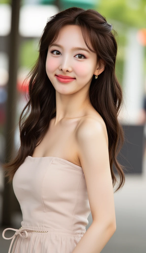 image of a girl in dubai realistic image of a 20 year old girl, solo, red lipstick, red lips glossy, long black hair, beatiful breasts, looking at viewer, blonde hair, bare shoulders, black eyes, jewelry, full body, necklace, off shoulder, short blue blouse, lips, realistic, nose, flirting with camera, masterpies, smiling face with dimple
