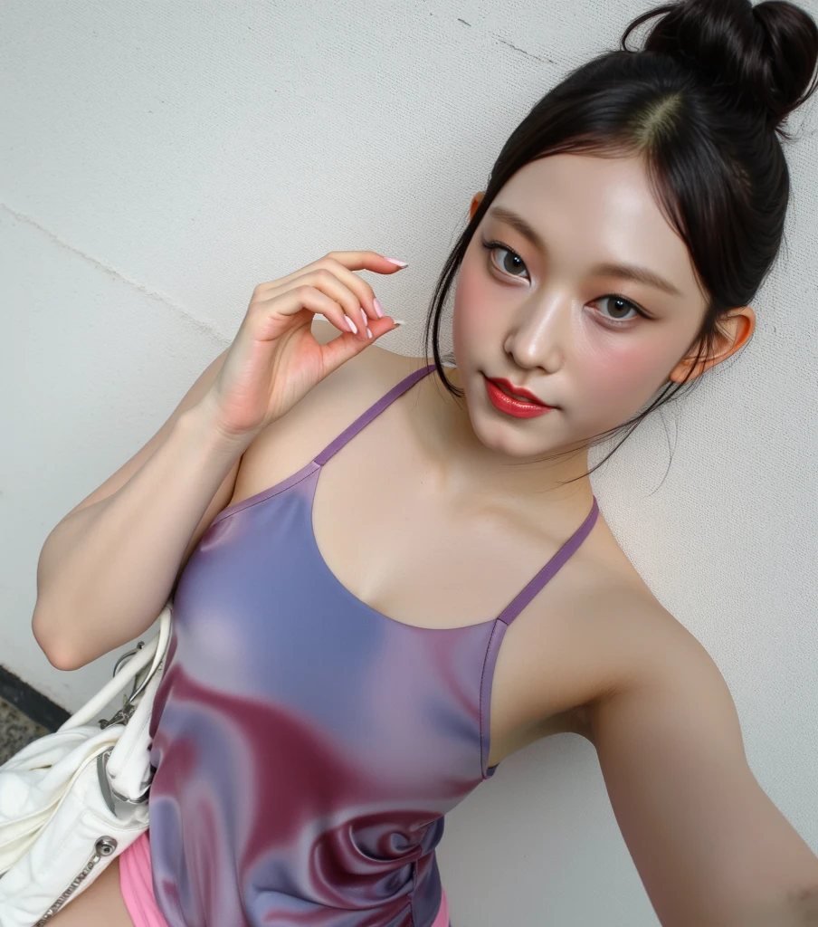 (lifelike, high - resolution:1.3), 1 girl with a perfect body, Super fine face and eyes,slong hair, Tank top of random colors:1.2, short jeans, big boob,Expose cleavage