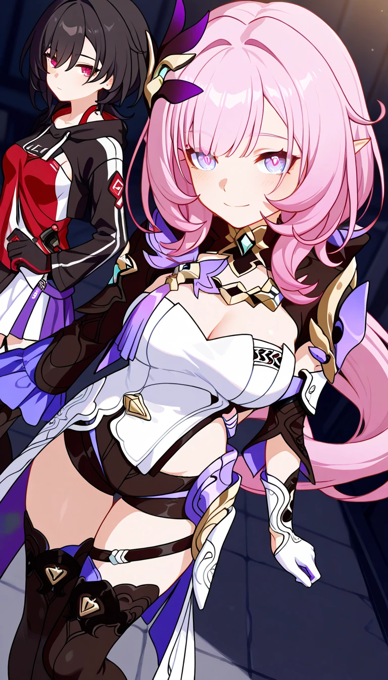 Unclothed adult anime woman with big breasts, pink pussy, violet eyes and black-violet hair wearing a dog collar