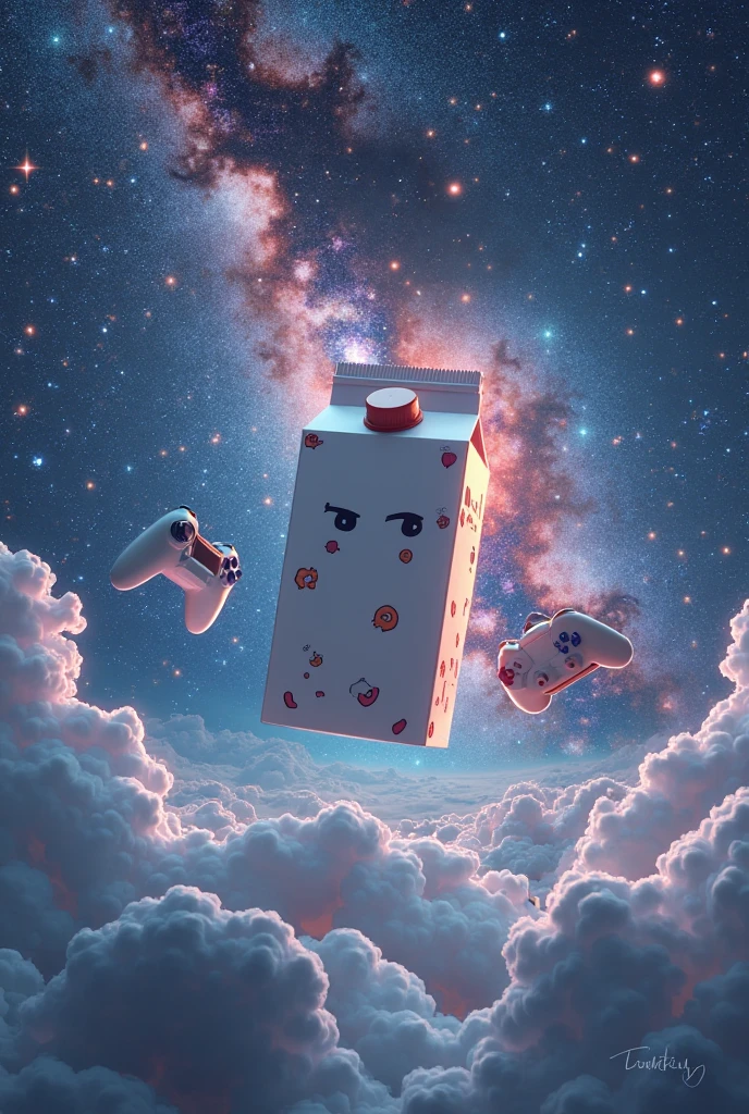 A blender with the Vitamix logo, with beautiful stars shining inside it, and a parent and child Pegasus outside of it. The background is a twilight night sky, a fantastical night sky, resembling a painting by Christian Riese Lassen