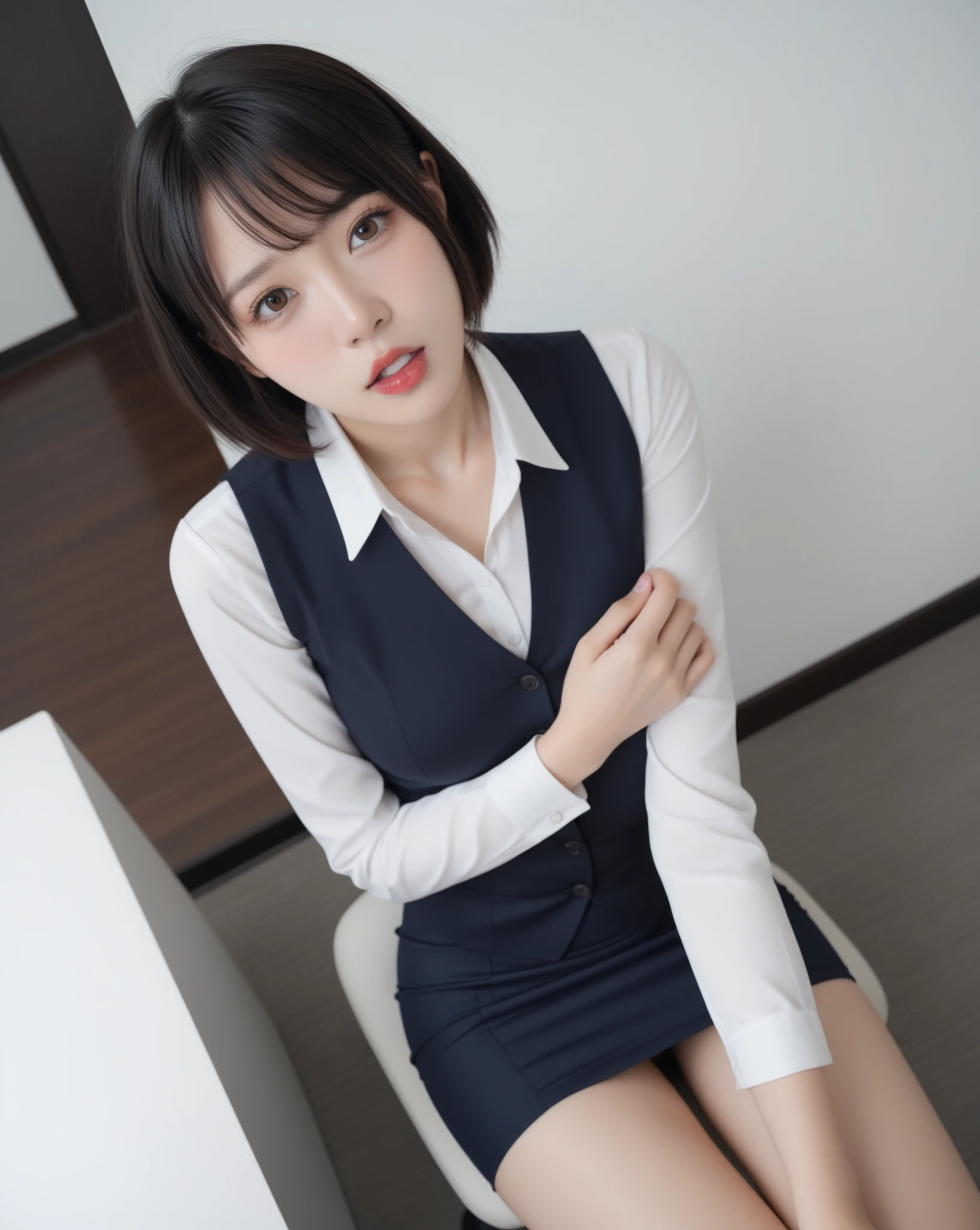 Highest quality、masterpiece、8k、Very detailed、Realistic、(One girl)、(Looking at me with a smile:1.5)、whole body、(Black Hair)、Short Hair、Small face、(Slender:1.2)、(Big Breasts:1.2)、(White business shirt with buttons and a collar:1.2)、(short tight skirt in gray,:1.2)、(Grey business jacket:1.2)、office、Sit on a chair and spread your legs out to the side、Her vagina is visible through the gap in her skirt
