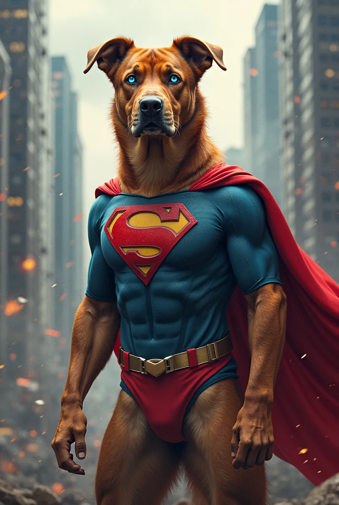 A Dramatic superman as a dog, cinematic, extreem realistic, extreem detailed, extreem Sharp, full body shot