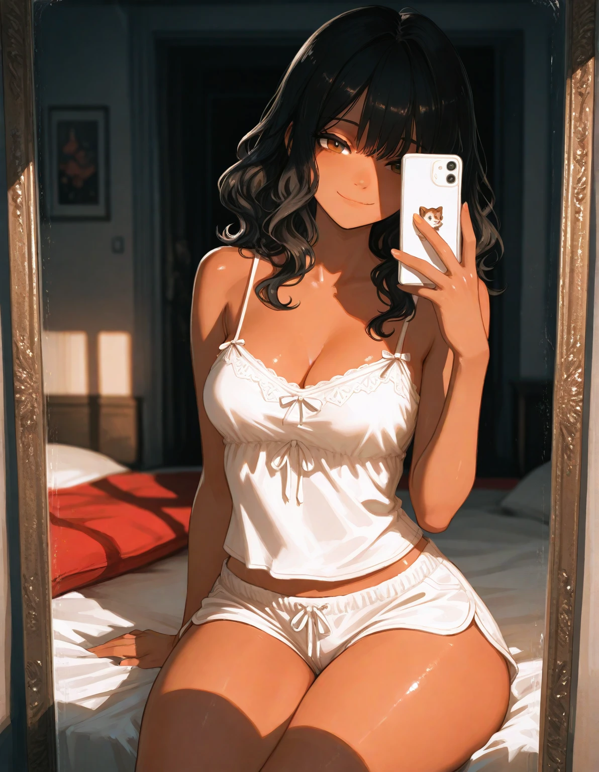 Latin and Swedish women , Sexy girl with brown eyes, Surrealism, Meticulous attention to detail, Portrait of Sophie Mulder, Brown hair and big eyes, Selfie of a young woman, Bedroom eyes, Violet Myers, No makeup, Natural makeup, Look directly into the camera, Guy with artwork, Light makeup, Full body photo kneeling on the bed, In the bedroom, Medium to large bust, Wearing a sexy black skirt, Black high heel boots, Lace jumpsuit, An open jacket and socks