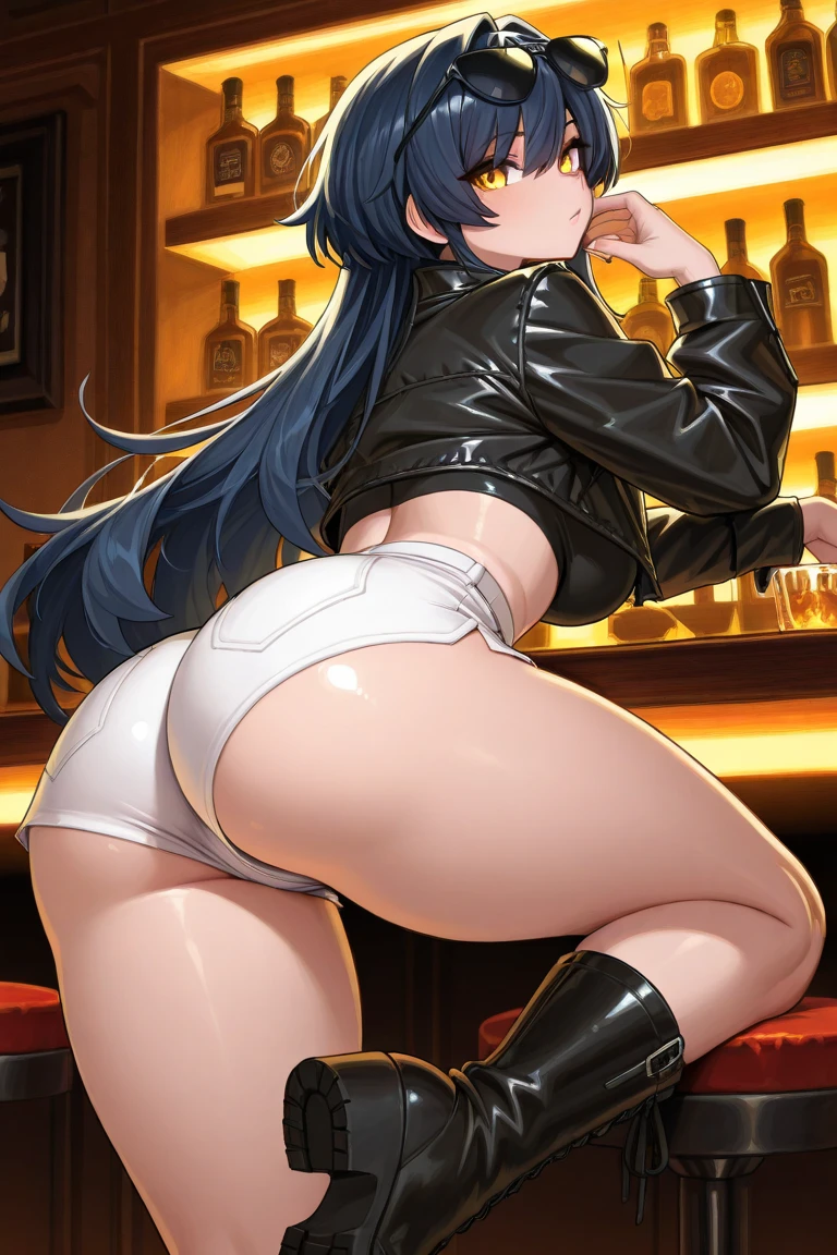 1 anime girl, YOUNG, hips, normal thighs, normal ass, huge tits, blushing, sexy, high quality, provocative, tight leggings, the flag, holding guitar, playing guitar, red guitar,  view from behind, looking back, bare breasts, wet, the flag, glasses, frowning expression, leggings down, room background, at night, lamp, not exaggerated, rocker.
