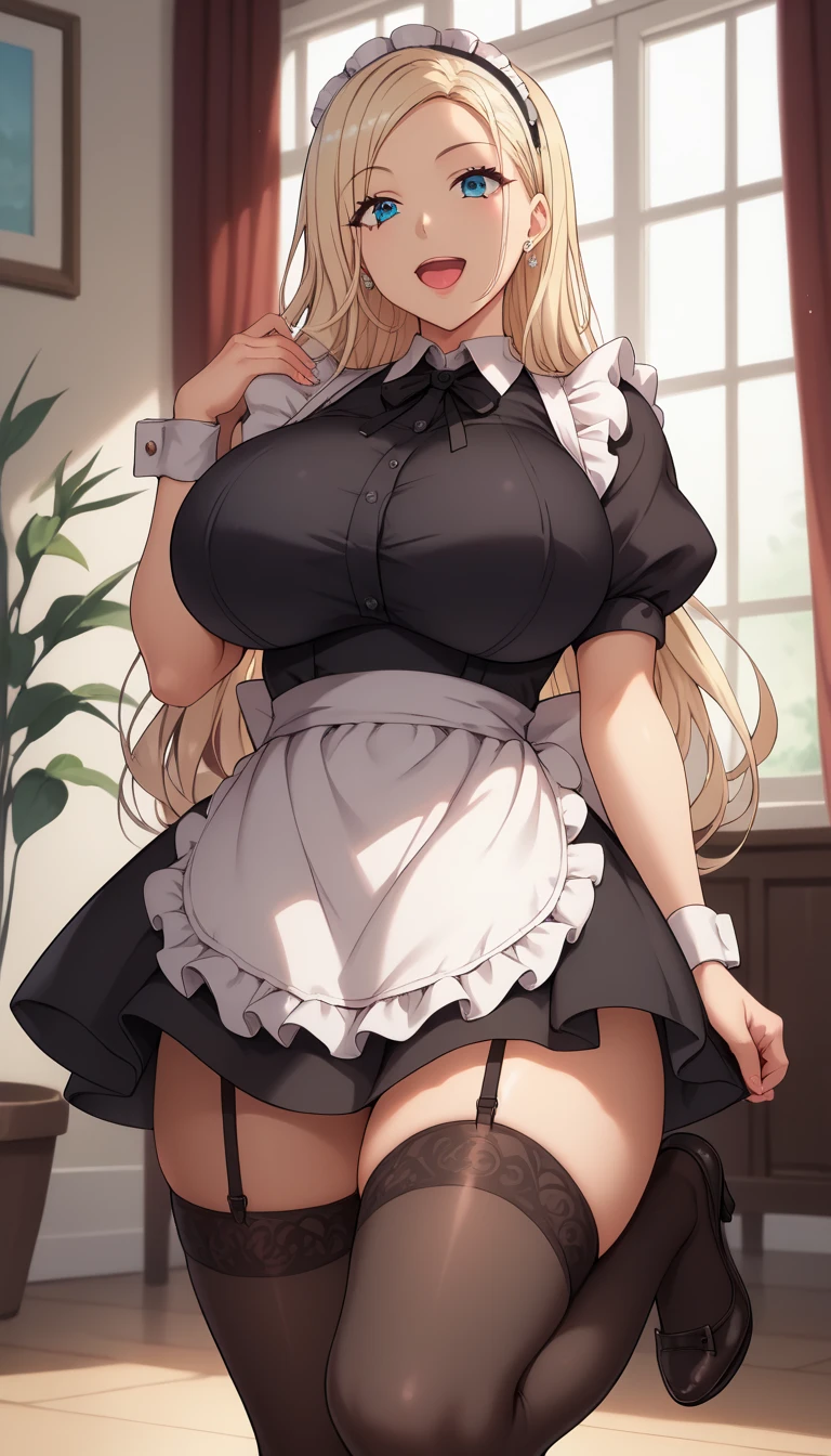 Best quality, solo mature woman, giant breasts, giant ass, very curvy, Long straight blonde hair, brown eyes, full lips, seductive, white cooking apron, housewife, smiling, wedding ring, love necklace, black button dress, milf, thick thighs, curvy physique