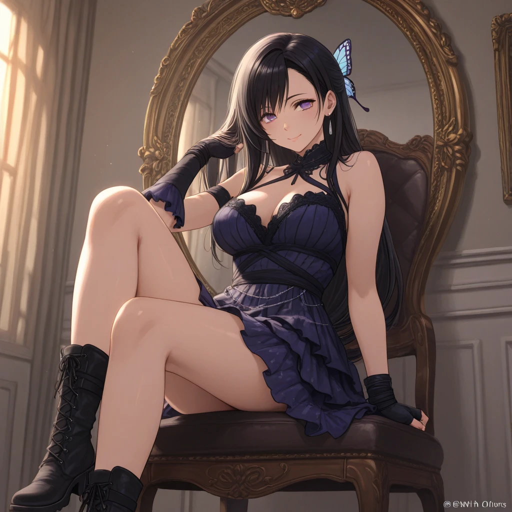 Muscular, thick thighs, small chest, top, sleeve fulfilled, panties, short skirt, thigh rings, sofa bottom, legs open, supported, pretuberance