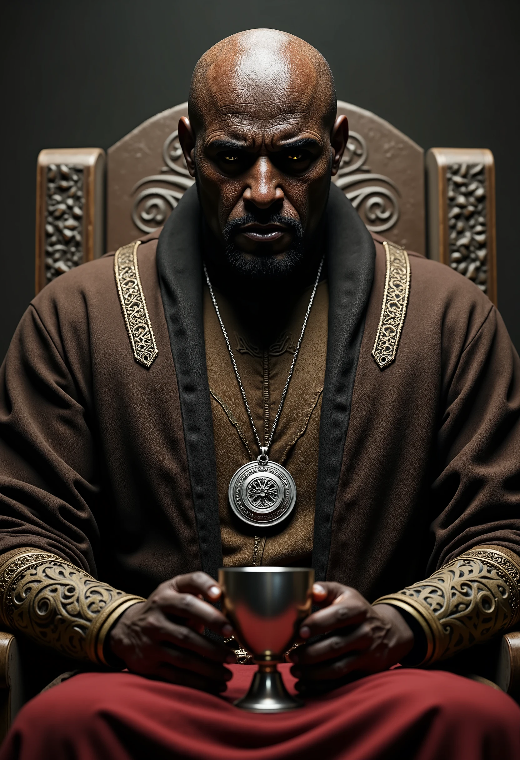 close up portrait of a black skinned, north african, bald man, 8 feet tall, large body, seated in what appears to be a throne-like chair within a stone structure. He has a serious expression and is looking slightly off to his right. His eyes were completely black, with no visible iris or pupil. He is wearing a dark linen robe medieval over a lighter-colored brown cotton garment with ornate gold detailing around the shoulders and chest. A prominent silver necklace with a circular pendant hangs around his neck. In front of him, resting on what looks like a red cushion or draped fabric, is a metallic goblet or chalice. The background features stone walls with some indistinct markings or carvings. The overall lighting suggests a somewhat dramatic or formal setting. 35% of his face has a skin that looks as if it were carved from ancient wood, rough and textured like the bark of an old oak