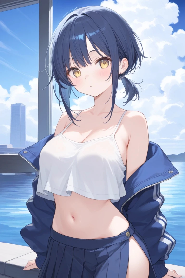 Woman with a ponytail,Open-chested clothing,By the Sea,Unbuttoned,Midnight,Adult atmosphere