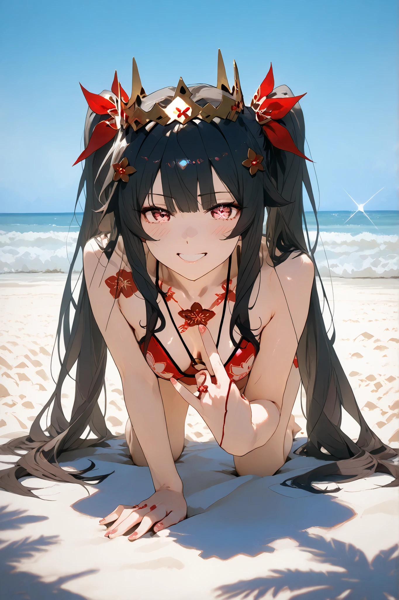 masterpiece,bestquality,ultra-detailed,Cinematic Lighting,llustration,masterpiece, best quality, 1girl, medium breasts, solo, <lora:Araragi Karen:0.5>, egg hair ornament, araragi karen, food-themed hair ornament, hair ornament, navel, black hair, breasts, ahoge, long hair, side ponytail, midriff, bangs, blush, looking at viewer, hair between eyes, fried egg, black eyes, arms up, armpits, egg (food), white split swimsuit,floral pattern, high-rise bikini bottom, Sandy beach, Clear Water, palm trees, skatesrealistic and detailed clothes, fine fabric emphasis, photorealistic, (extremely detailed), detailed hair, best resolution, best quality, best resolution, best quality, (Masterpiece), extremely detailed face, Original Character, perfect lighting, best colors, colorful, beautiful, fine detail, ultra high resolution, Natural Volumetric Lighting And Best Shadows, Deep Depth Of Field, (Highest Quality, Amazing Details:1.4)