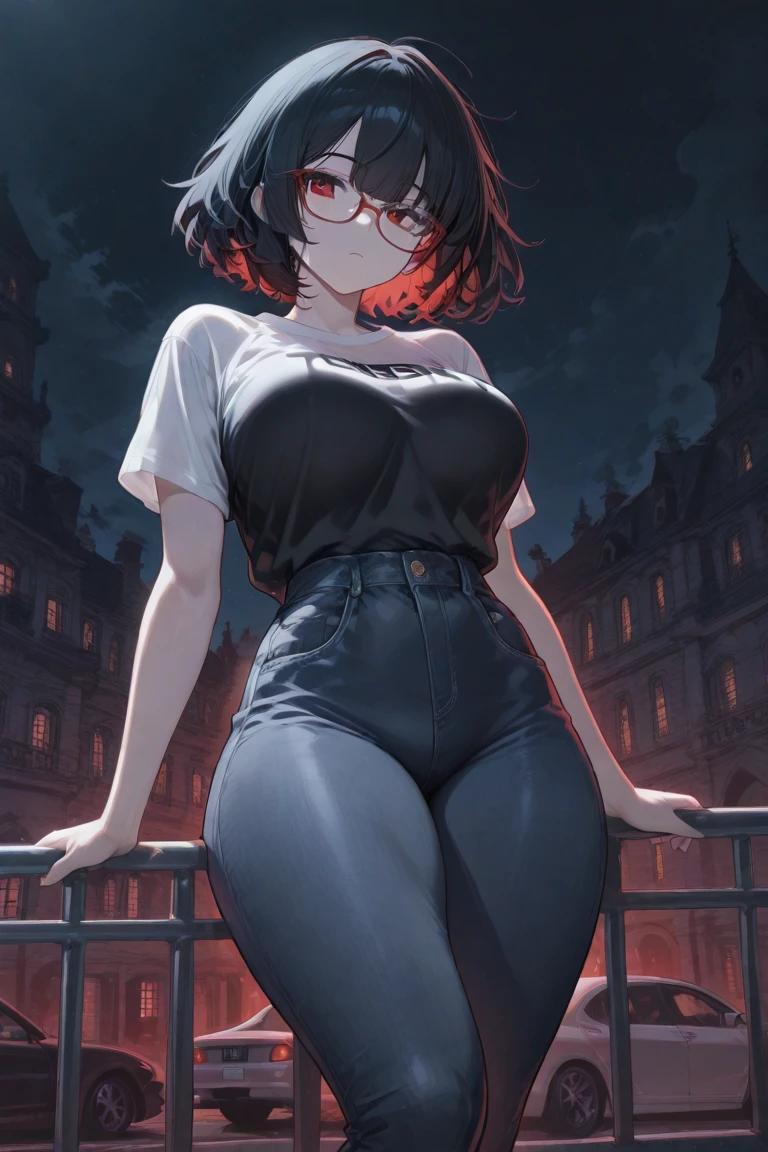 beautyfull woman, chubby body woman, red hair, black lipstcik, gothic, black chocker, black dress, city, night and shy wear glasses and