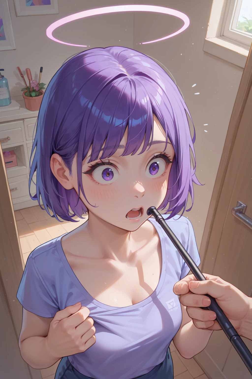 <lora:aratama_v2:0.9>, aratama, 1girl, solo, purple hair, realistic photo of a woman, grey tanktop, surprised expression, headshot, low angle, diagonal view
