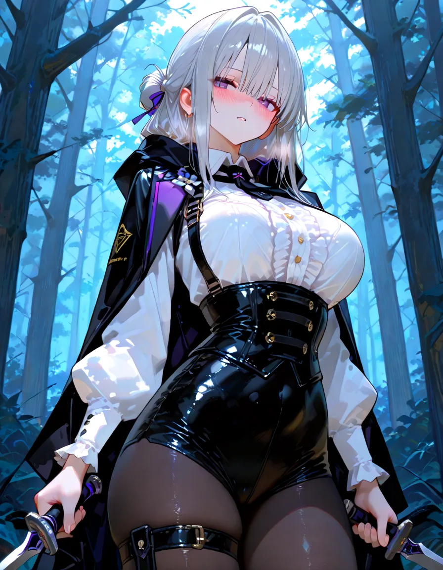 Masterpiece, Beautiful art, professional artist, 8k, art style by sciamano240, rostro de Bronya Zaychik, detailed body, Very detailed face, very detailed eyes, Detailed clothing, detailed fabric, Best Quality, better resolution, 1 girl, front view, kneeling, big breasts, serious expression, at night , silver hair, glasses, choker:1.6, (long sleeve white collar buttoned shirt), (shiny black corset), black gloves covering your hands, holding an ax with his hand, (shiny black leggings), looking at the viewer, dark forest, Atmosphere, fog, at night