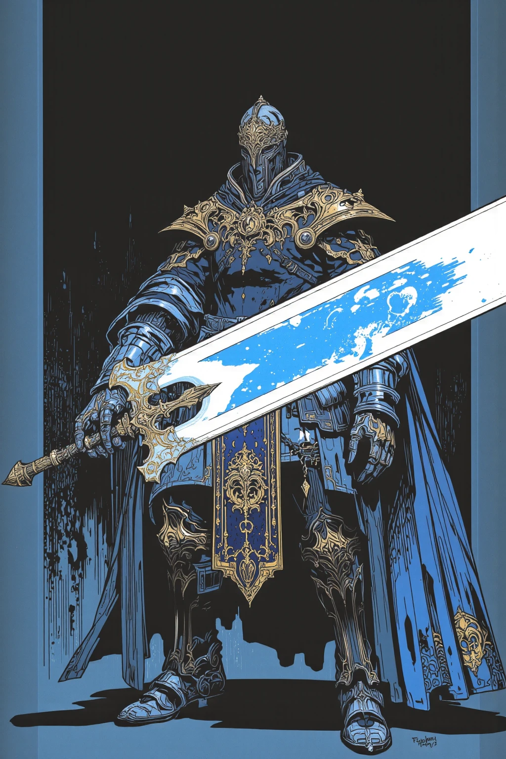 騎士がmoonlightの大剣を持っている,pocket（Helm）、armor（Torso）、Hand guard,Foot nail,騎士はHelmのバイザーが下ろされており、The face is completely hidden,Torso体部分は金糸の刺繍が施されたサーコート（Jacket）So it has a sense of luxury,The knee pads are made of metal,The overall style is simple and classic Western armor,The surcoat is covered with chainmail（ Chainmail ）I can see a little bit,The color is iron-colored metal and、The fabric is a combination of muted red and brown tones,騎士はmoonlightの大剣を持っている,巨大なmoonlightの聖剣が放つ「moonlight」, with a sacred sword stuck in the back,Glow in the dark, : Mysterious and strange ,  nightmarish concept art  ,ブラッドボーン rpg concept art ,  high definition character   ,super detailed images ,  rpg concept art  , Monster character art from the Bloodborne video game ,Highly detailed line art, Low-saturation but vivid ink drawing ,   So Unreal ,  neon white light drawn on a black background , that shines neon blue to eXpress the brilliance and mystical aura that symbolizes the large sword held in the hand ,The pattern of the moon is drawn on the blade 