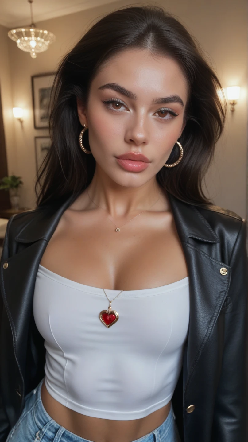 HQ, highly detailed ,Beautiful dreamy brown eyes, volumetric light, hyper realistic, intricate detail. shallow depth of field, highly detailed, high budget, bokeh, deep shadows, atmosphere dazzling natural light, cinemascope, moody, epic, gorgeous, film, highest quality, Realistic, Very detailed, finely, High resolution, 8k wallpaper, RAW Photos, Professional photography, Depth of written boundary, One Woman, 26 years old, Bedroom, (Red lips), ((Looking into the camera)), brown eyes, arched eyebrows, cute nose, (5' height short girl body), short dark hair, Bob Hair, (Straight hair), small breasts shape, (V-neck see-through white tshirt), wearing gold heart pendant, comfortable, cute body, showing black manicure nails, dramatic, inviting, standing in front of a red sienna stucco wall, richly textured stucco wall with a crude floral mural hand-painted, a woman rests, posed relaxed, she's wearing a short sleeve peasant top, airy lace details, easy-fit, a sophisticated look, all over floral embroidery:1.1)), hands relaxed, thumbs hooked into (her faded jeans, stretched around her body), thighs, gold heart necklace, radiant, her head tilts down, she's looking into camera, amber, loop drop earrings, stunning eyes,