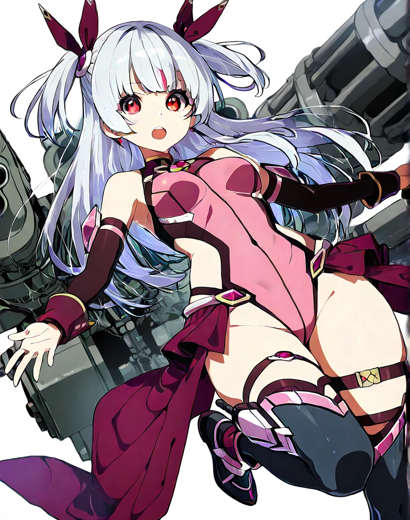 Japanese_anime_style,1figure_girl,(:1.5), (short_ponytail:1.3), (light_whitish_purple_hair:1.3),black_mechanical_armor_parts,white_breasts_parts_red_black_body_suit,bare_shoulder,bare_slender_thighs,medium_breasts,on_the_desk, desk_background,Stinging_eyes,(half_pupil:1.5),sleepy,thighhigh_greaves,gauntlets,dynamic_posing,bare_frank,metal_red_parts_armor,red_eye,
fists,hold_weapon,glare,navel,large_mechanical_parts,happy,waist_armor,open_mouth,rise_legs,apart_legs, (covered_navel:1.3),(very_long_bangs:1.3), (hair_over_one_eye:1.5),(long_bang_covers_right_half_of_face:1.5),
(covered_pussy:1.1),covered_breasts,armpits,solo