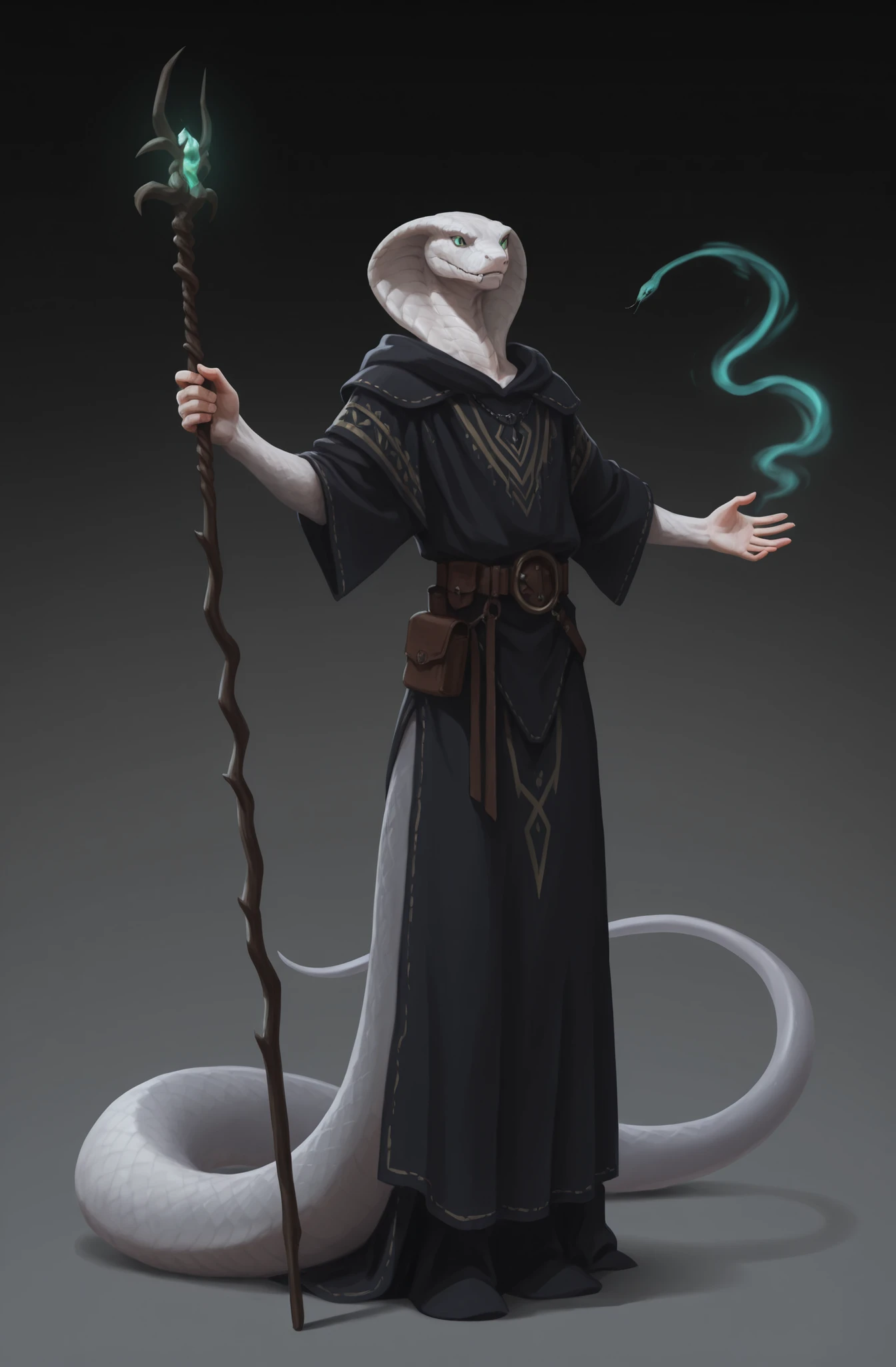 male, Necromancer-IL-V1.0, Naga, Naga_tail, white scales, holding one iron staff ,snake , short tunic, hood , no legs