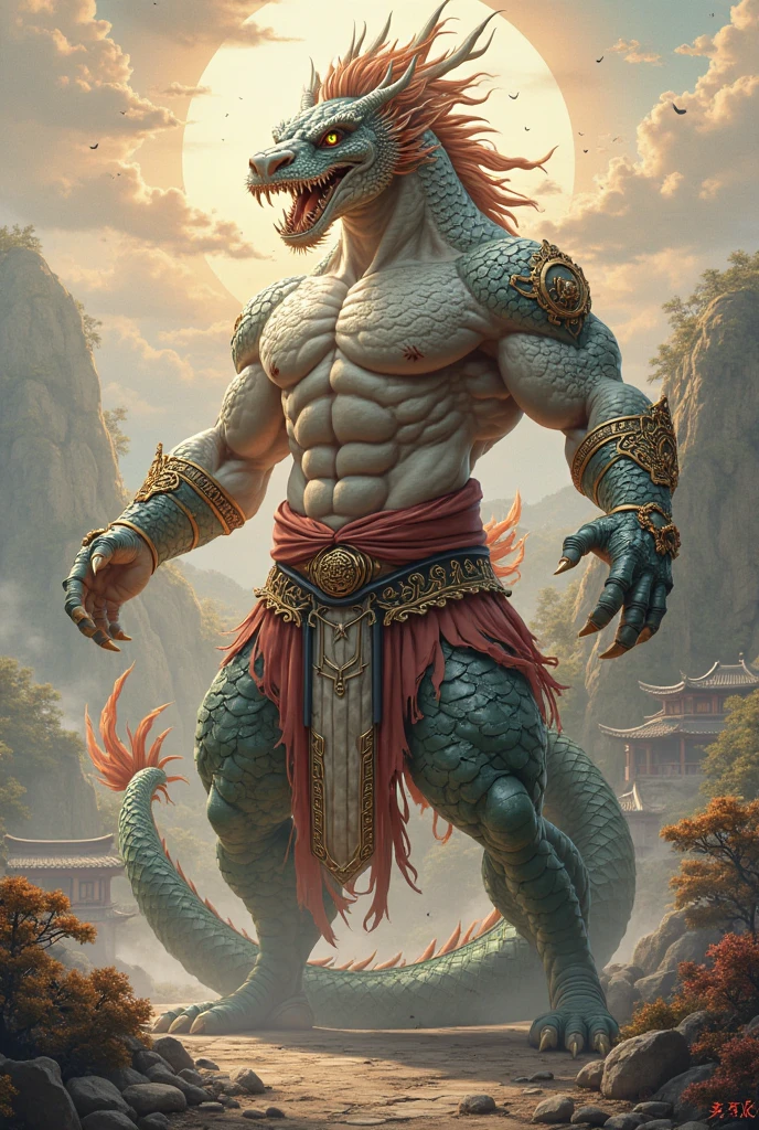 a dragon king, a dragon tribal chief, eastern warrior, male dragon, hefty body, with very big muscles, hulking, huge, colossal body, extremely strong, huge abdominal muscles, hefty abs, pecs, plump big muscle abs, Strong and robust muscle abs, daddy body muscle-gut abs, massive prominent muscle abs, sharp white claws, legs, feet claws, full body, loincloth, nipples, 4k, best quality,