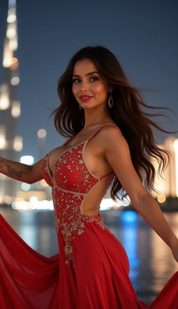 casino girl, 25 years, Indian nationality, in a beautiful evening dress, casino girl, Beautiful face, kind smile, voluminous hair, standing straight, Full face, Great quality, Excellent detail, Realistic style, high quality photo