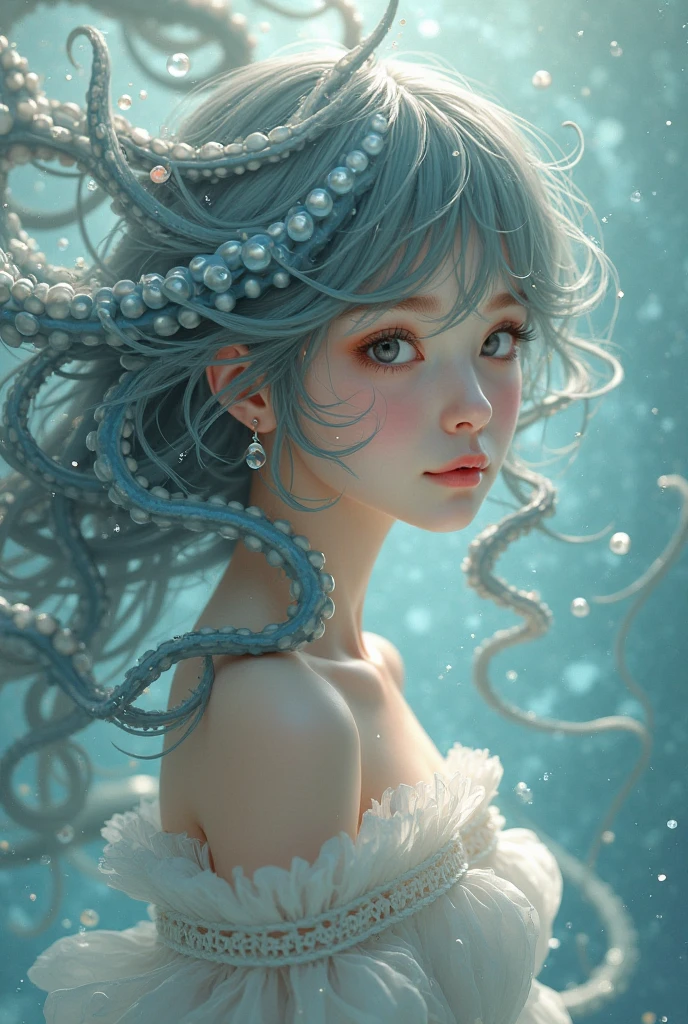 Masterpiece, realistic , Cute girl, Delicate fantasy tone Pale dull color shiny blue color, magic circles, navy tone, white bubbles deep sea, 3d, Europe