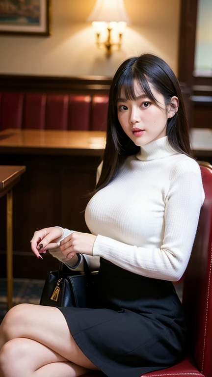 black medium hair,wavy hair,pov,face focus,look up at viewer,face up,from above,gigantic saggy breasts,(turtleneck blue sweater),28 years old,thick upper arm,,standing in train,(curvy body),(looking at own smartphone,face-down),puple skirt, tulle long skirt,seductive mature woman,beautiful and adult face,