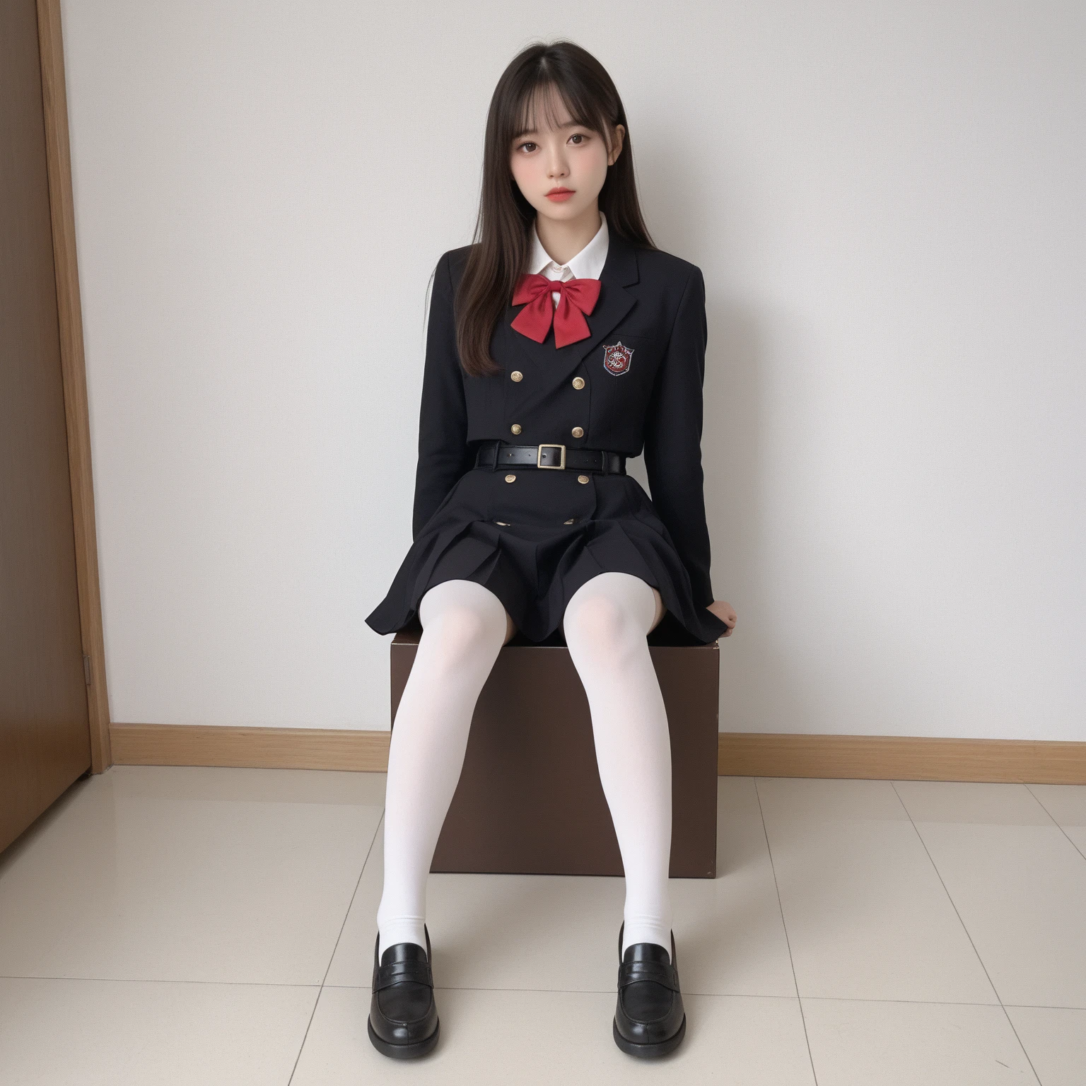Top Quality, Photorealistic, 8K, High Definition, 1 Girl, Female, (1.8), School, Schoolgirl, Blazer, Uniform, Pubic hair visible, No panties, Skirt boldly pulled up, ((Sit in chair and legs wide open)), Bend your knees and open your legs, Slightly shorter hairstyle, Grab your knees with your hands to open your legs, Buttoned shirt flutters