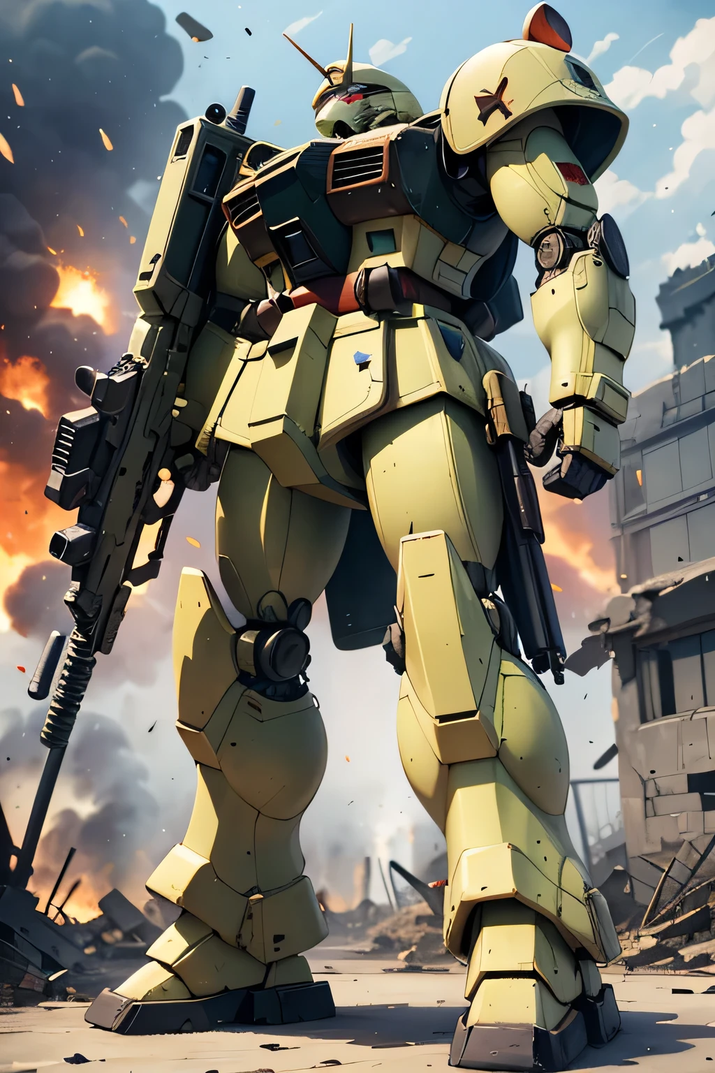 Please draw what you like.8k,The image features a Zaku II, a mobile suit from the Gundam series, depicted in a war-torn battlefield. The Zaku II is shown from a side angle, towering over the ground vehicles and the chaotic scene below. The mobile suit is in a dramatic, battle-ready stance, holding a large weapon, possibly a machine gun or a beam rifle, with its head slightly turned, giving a sense of awareness and readiness. The Zaku II's design is rugged and militaristic, with its signature mono-eye glowing ominously in the darkness. The armor is painted in dark, muted colors, typical of the Zaku series, which often comes in shades of green or gray, though the lighting and environment cast it in shadowy tones. The environment around the Zaku II is filled with destruction. Fires rage in the background, casting an orange glow that contrasts with the darkened sky. Sparks and embers float through the air, adding to the chaotic and intense atmosphere of the battlefield. The ground vehicles, including tanks and armored transports, are either in motion or damaged, emphasizing the scale of the battle. The overall composition of the image is dramatic and evocative, with a strong sense of scale and depth. The use of lighting, particularly the contrast between the fiery background and the dark figure of the Zaku II, enhances the mood of destruction and the grim reality of warfare depicted in the Gundam universe. The artist's style gives the image a painterly quality, with broad strokes and a focus on atmosphere rather than fine details, creating a powerful and haunting scene. Z4KU2,MS-06-F,