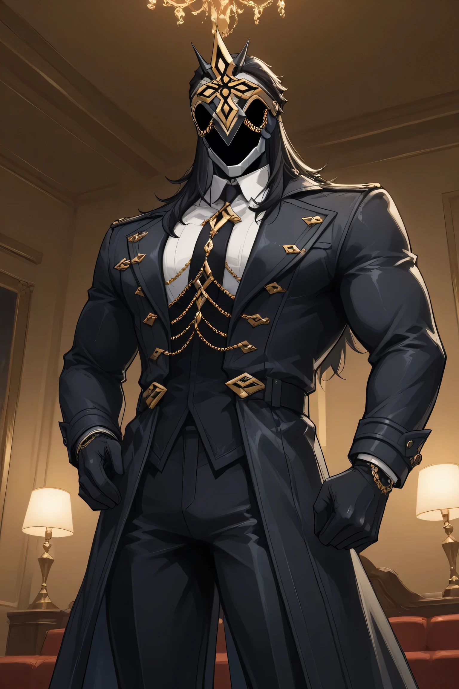 score_9, score_7_up, source _ Anime Ilcapitano , a boy, Alone, Male Focus, BLACK HAIR, cabello largo, Mascara, Faceless, Masked man ,
hotel interior, Party atmosphere ,interior lighting,
white t-shirt with long sleeve buttons, black tie,black coat, Skin-tight fit ,muscles clearly outlined through the shirt, strong arms,dark black pants, Gala style , Gala attire, confident and dominant posture, standing position,
stunning build , Powerful masculine aura ,Alone alone,