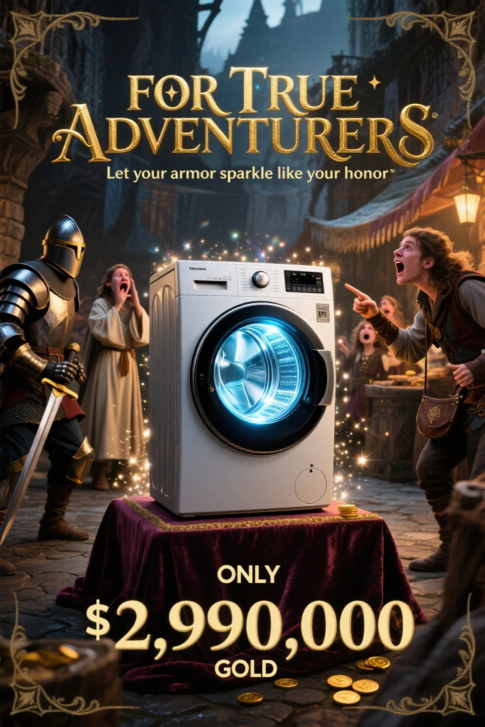 cinematic product poster, a sleek modern drum washing machine glowing with magical light, placed on a velvet platform in the middle of a medieval fantasy marketplace, dramatic golden text at the top: "FOR TRUE ADVENTURERS", smaller tagline below: "Let your armor sparkle like your honor", enchanted sparkles surrounding the machine, price boldly displayed at the bottom: "ONLY 2,990,000 GOLD", fantasy adventurers in the background gasping and pointing — a knight dropping his sword in awe, a cleric wiping tears, a rogue reaching for a coin pouch, elegant poster layout with magical border designs, gritty 35mm film texture, fantasy parody tone