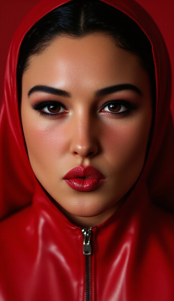 instagram photo, closeup face photo of 23 y.o Chloe in wearing Hijab syar'i, Red Lipstick, sensual Lipstick, Sensational Make Up, (smile:0.4), hard shadows, Pink Hijab Syar'i, bright lighting 