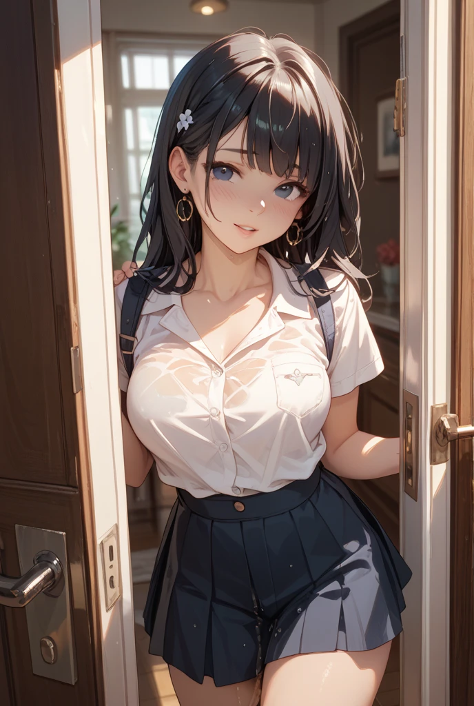 ((best quality)), ((masterpiece)), ((detailed)), (((perfect face))), (((slender 18yo teenage girl))), ((((medium breasts)))), ((((topless)))), ((((dark blue pleated skirt)))), ((dark brown hair)), ((short ponytail)), (((blue eyes))), ((shy:1.3)), ((blushing:1.5)), (((bare chest))), ((bare stomach)), ((bare shoulders)), (((bare arms))), (((walking))), ((((fancy café, windows)))), (((walking))), (((shy arms))), (((looking at viewer))), (((open front door))), ((((detailed background))))