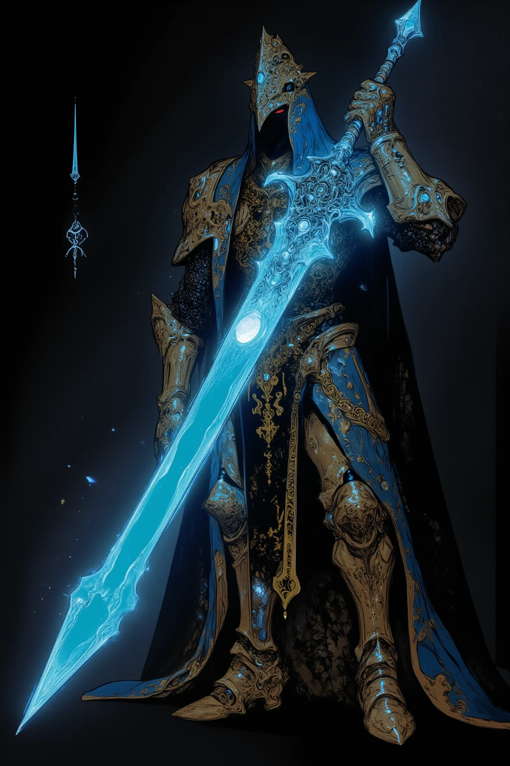 騎士がmoonlightの大剣を持っている,pocket（Helm）、armor（Torso）、Hand guard,Foot nail,騎士はHelmのバイザーが下ろされており、The face is completely hidden,Torso体部分は金糸の刺繍が施されたサーコート（Jacket）So it has a sense of luxury,The knee pads are made of metal,The overall style is simple and classic Western armor,The surcoat is covered with chainmail（ Chainmail ）I can see a little bit,The color is iron-colored metal and、The fabric is a combination of muted red and brown tones,騎士はmoonlightの大剣を持っている,巨大なmoonlightの聖剣が放つ「moonlight」, with a sacred sword stuck in the back,Glow in the dark, : Mysterious and strange ,  nightmarish concept art  ,ブラッドボーン rpg concept art ,  high definition character   ,super detailed images ,  rpg concept art  , Monster character art from the Bloodborne video game ,Highly detailed line art, Low-saturation but vivid ink drawing ,   So Unreal ,  neon white light drawn on a black background , that shines neon blue to eXpress the brilliance and mystical aura that symbolizes the large sword held in the hand ,The pattern of the moon is drawn on the blade 